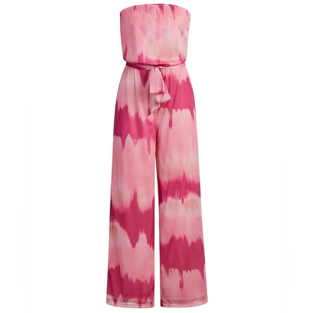 New York & Co Pink Tie-Dye Mesh Strapless Jumpsuit + Matching Top Set | L/XL - Picture 5 of 6